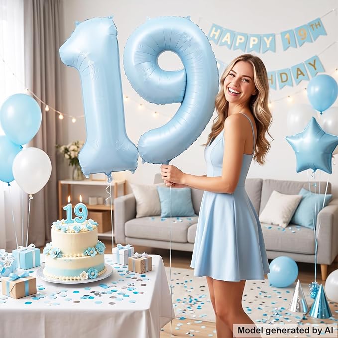 40" Light Blue Foil Number 19 Balloon - Image 3