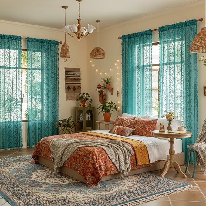 WAZZIO Boho Lace Curtains 2 Panels 96 Inch -Victorian Sheer Panel Drape French - Image 3