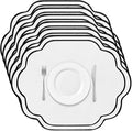 6 Pcs Black and White Wedding Placemats Scalloped Embroidered Cotton Linen by Breling