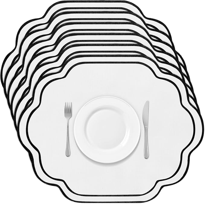 6 Pcs Black and White Wedding Placemats Scalloped Embroidered Cotton Linen by Breling