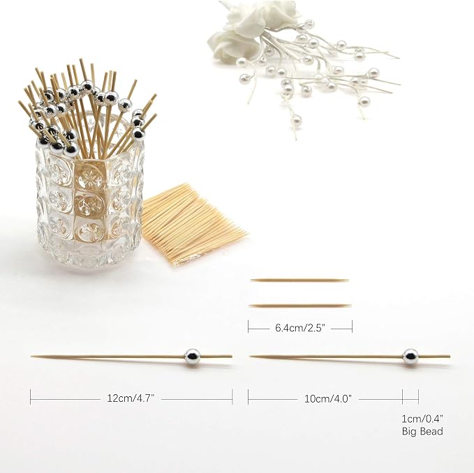 Minisland Silver Pearl Bamboo Cocktail Picks, Fancy Appetizer Toothpicks | 4.7 - Image 2