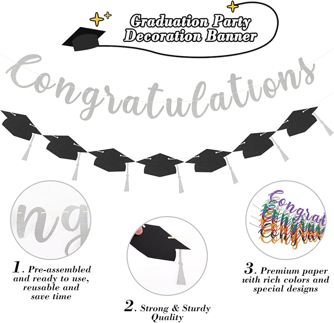 Class of 2026 Graduation Decorations Pre-Strung Glitter Congratulations Banner - Image 2