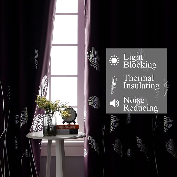 Purple Blackout Curtains for Bedroom, Room Darkening Silver Palm Tree Pattern - Image 6