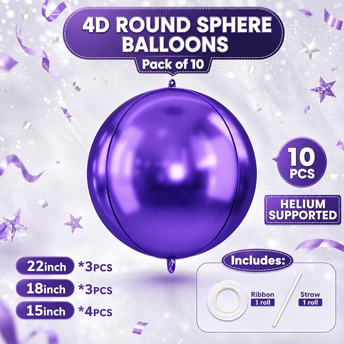10Pcs Purple Round Foil Balloons, Metallic Purple Foil Baloon - Image 3