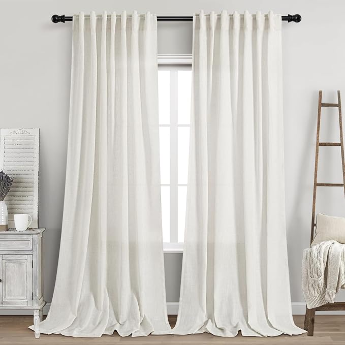 Beige White Linen Curtains for Living Room 92 Inches Long Back Tab and Rod by Nanspring