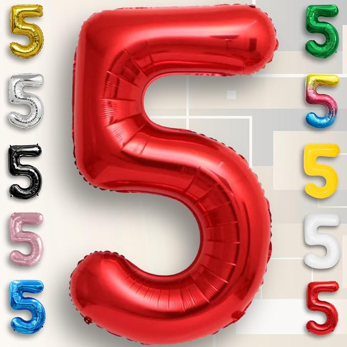 Red Number Balloon 5 Mylar Foil Balloons 16 inch - Image 4