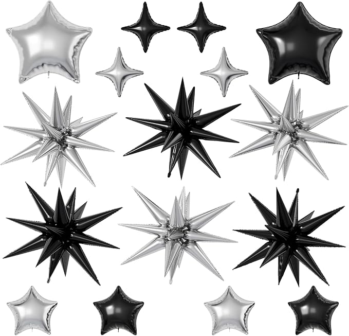 Black Silver Star Balloons, 22/18/10 Inch Foil Balloons, Four-Pointed Balloon by Sowide