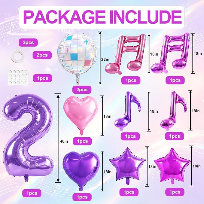 TONIFUL Girl‘s Purple Pink Music Themed 2nd Birthday Decorations | 40 Inch - Image 2