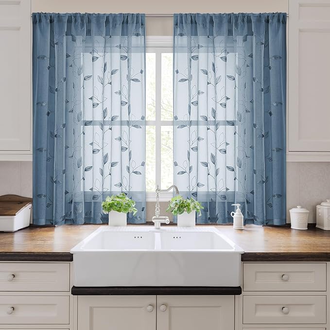 HOMEIDEAS Stone Blue Sheer Kitchen Curtains 52 x 54 Inch Length 2 Panels - Image 6