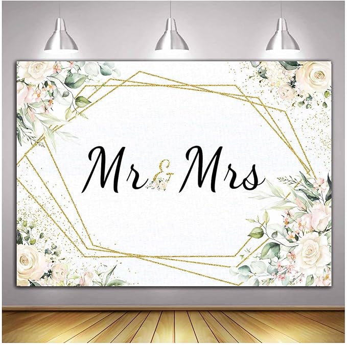 10x8FT Mr & Mrs White Floral Bridal Shower Backdrop Mr Mrs Wedding Theme Photo - Image 2