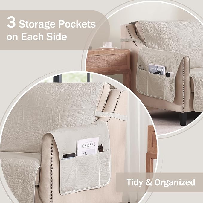 Beige Quilted Recliner Chair Covers, Water-Repellent Recliner Slipcovers - Image 4