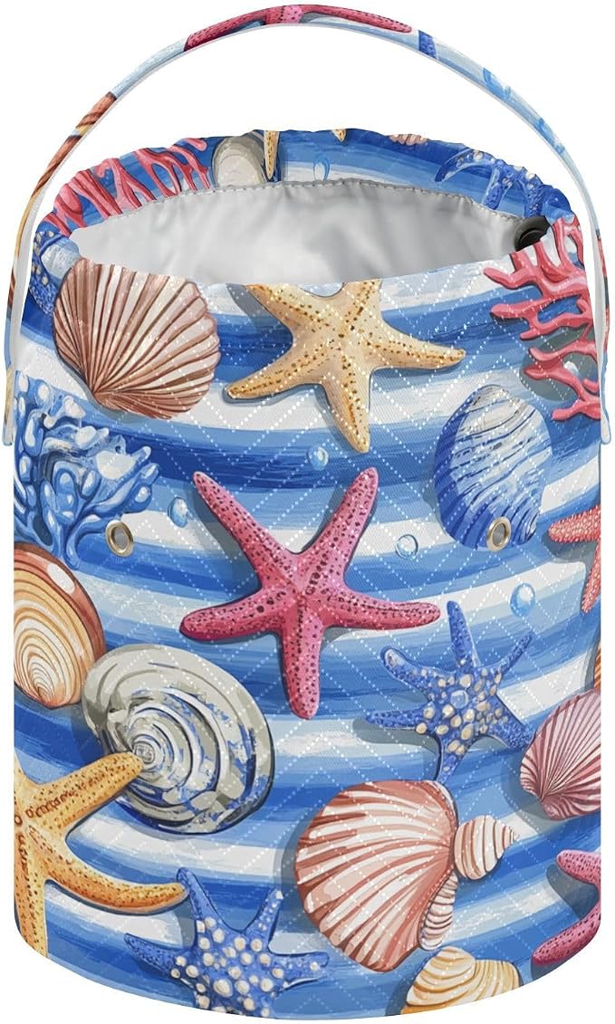 Blue Striped Starfishes Seashells Corals Yarn Bag Small Crochet Bag Drawstring - Image 2
