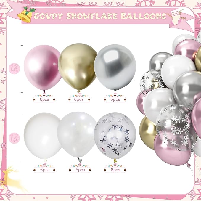 Pink White Winter Wonderland Snowflake Balloons Set, Metallic Light Pink Gold - Image 2