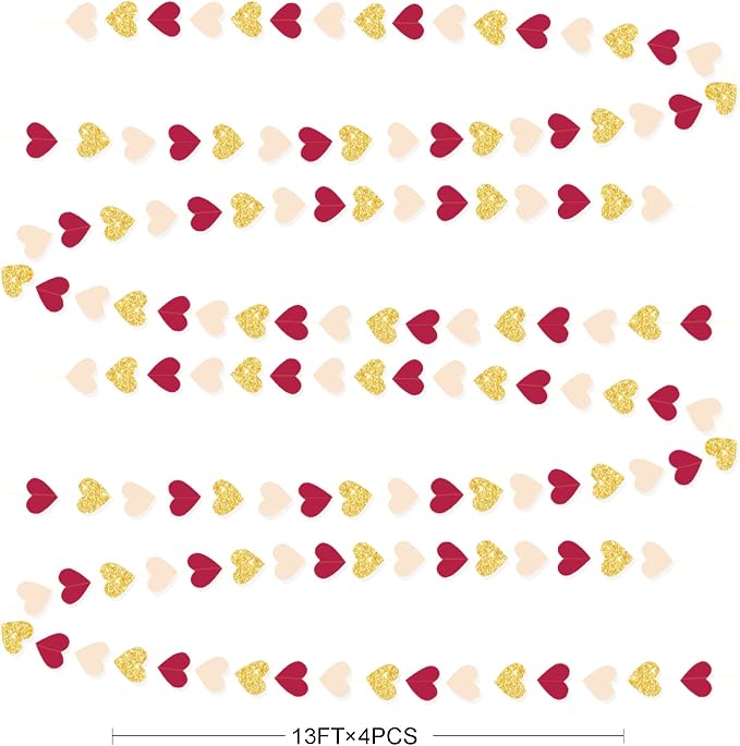 Maroon Gold Party Decorations Burgundy Beige Glitter Gold Paper Love Heart - Image 2