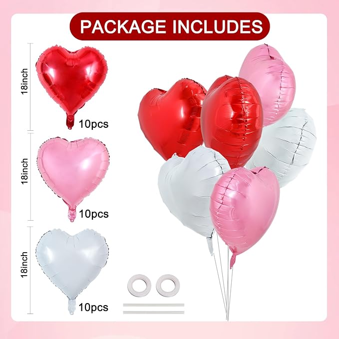 TONIFUL 30 Pcs 18 Inch Red Pink White Heart Shape Foil Mylar Balloons | Helium - Image 2