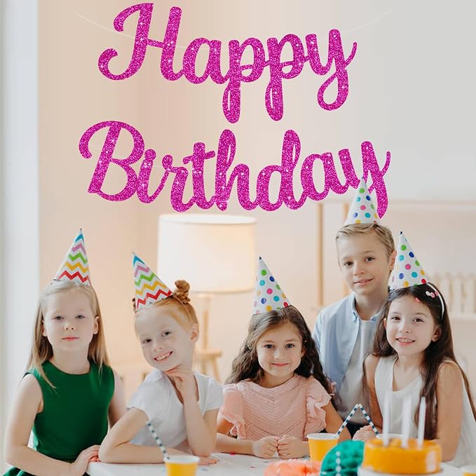 BEISHIDA Glitter Hot Pink Happy Birthday Banner Party Decoration NO DIY | - Image 5