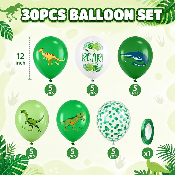 Dinosaur Balloons, 12 Inch Dark Fruit Light Green White Dinosaur Printed Latex - Image 2