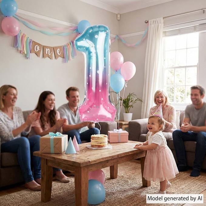 40 Inch Pink Blue Number 1 Balloon, Large Gradient Pink Blue Mylar Foil Number - Image 3