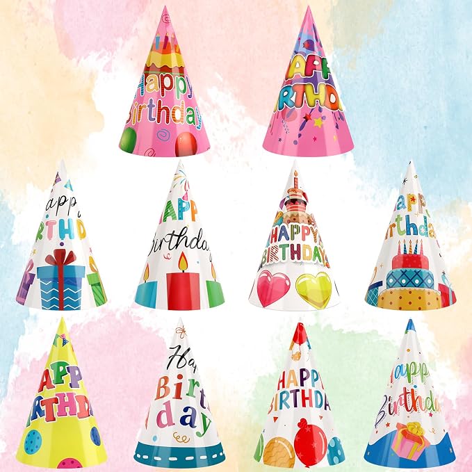 Hxezoc 10 Pcs Colorful Birthday Party Hats Happy Birthday Cone Hats Craft Paper - Image 3