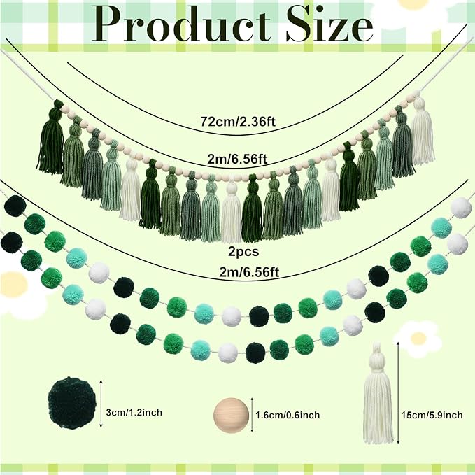 Hahafelt 3 Pcs Sage Green Tassel Garland, Pom Pom Tassel Garland, Boho Fabric - Image 2