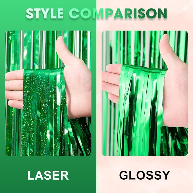 Voircoloria Laser Green Foil Fringe Backdrop Curtains, 2 Pack | Tinsel Streamers - Image 3