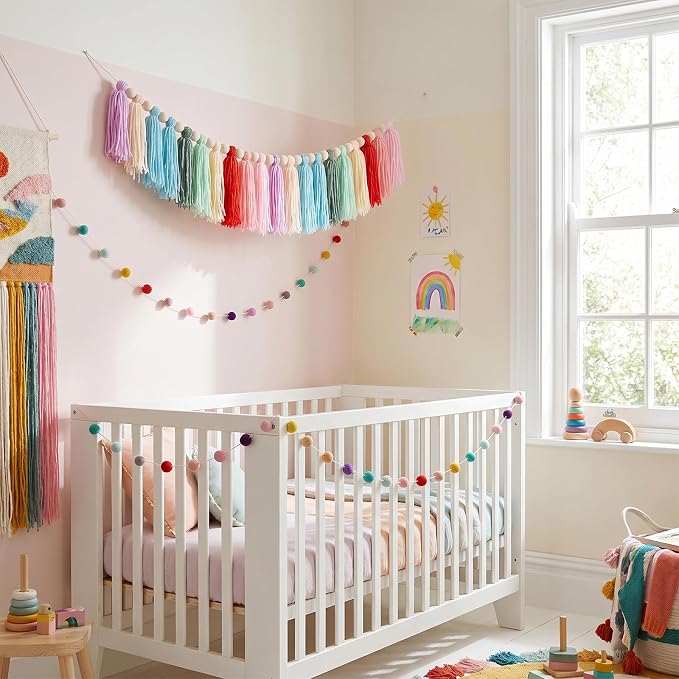 Avxdbr 2Pcs Boho Rainbow Tassel Garland Colorful Pom Pom Tassel Banner | 2-in-1 - Image 5