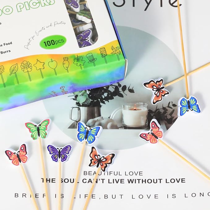 100Pcs Butterfly Cocktail Picks 5 Color Pattern Butterflies Decor | 5" - Image 5