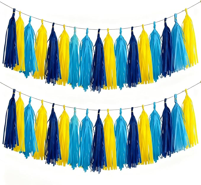 Yellow and Blue Tassel Garland Banner, 30 Pack Paper Tassels Streamers by SIPRKAICT