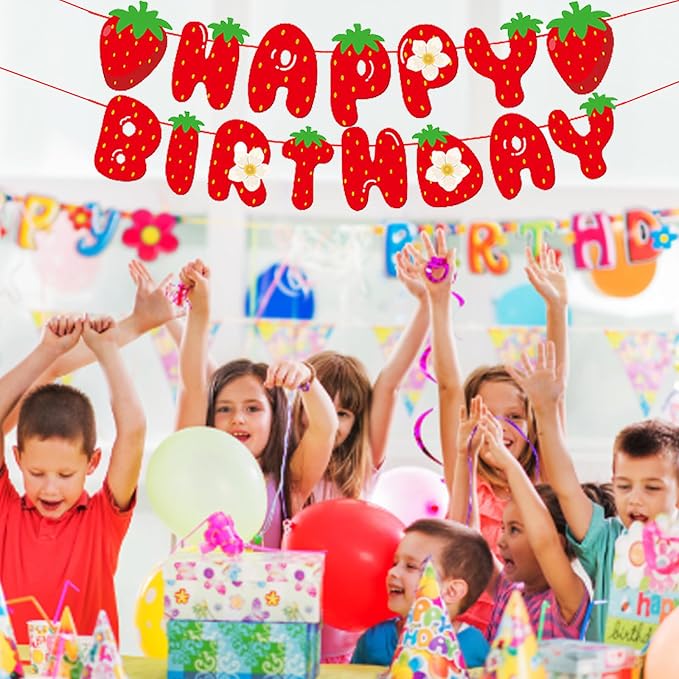 MEETINGU Strawberry Happy Birthday Banner, Strawberry Themed Birthday Party - Image 6