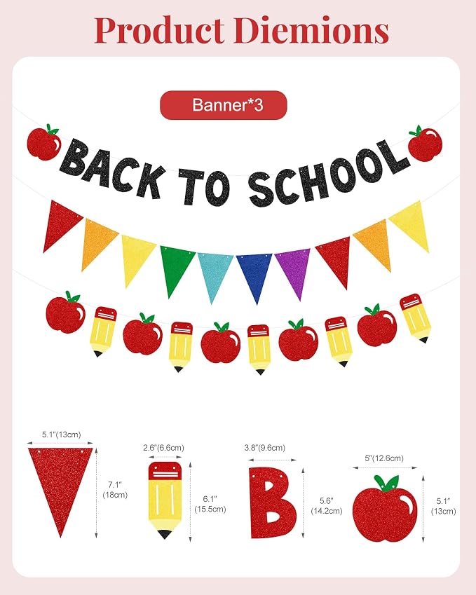 Back to School Party Decorations – Black Glitter Banner, Colorful Triangle - Image 2