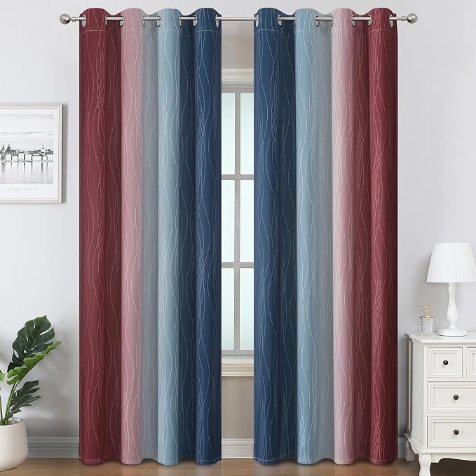 Navy Blue and Burgundy Red Ombre Blackout Curtains 96 Inch Length 2 Panels - Image 2