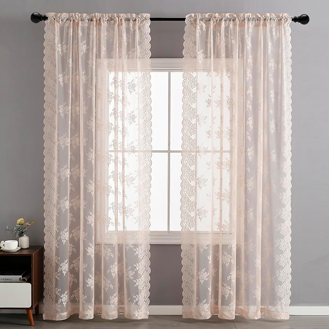 Kotile Blush Pink Floral Lace Curtains - Image 8
