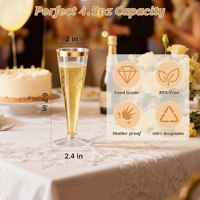 20 Pack Champagne Flutes Plastic Wine Glasses Disposable, 4.5 Oz Gold Rim Mimosa Glasses for 2025 Engagement Wedding Birthday New Years Eve Xmas Party Supplies, Bulk Toasting Cocktail Cups