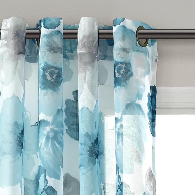 Lush Decor Leah Floral Sheer Window Curtain Panels Pair 52"W x 84"L Blue - Image 2