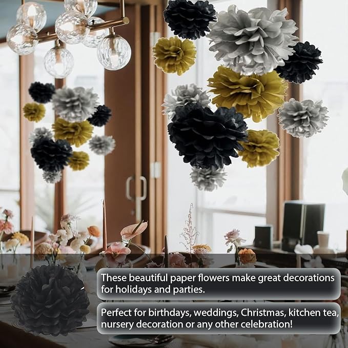 Qimoo 20pcs Black Paper Pom Poms Decorations, DIY Decorative Tissue Paper - Image 4