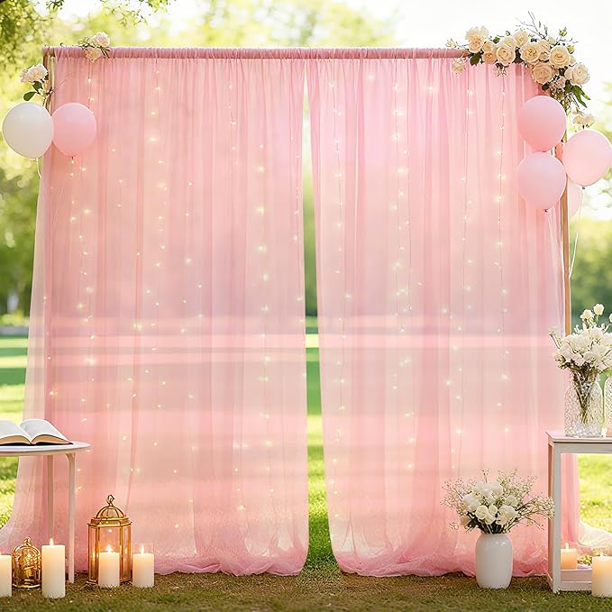 10×10ft Tulle Backdrop Curtains with Lights String - 300LED Fairy Lights Sheer Curtain Backdrop for Weddings Baby Shower and Birthday Party Decorations(6 Panels 5×10ft)