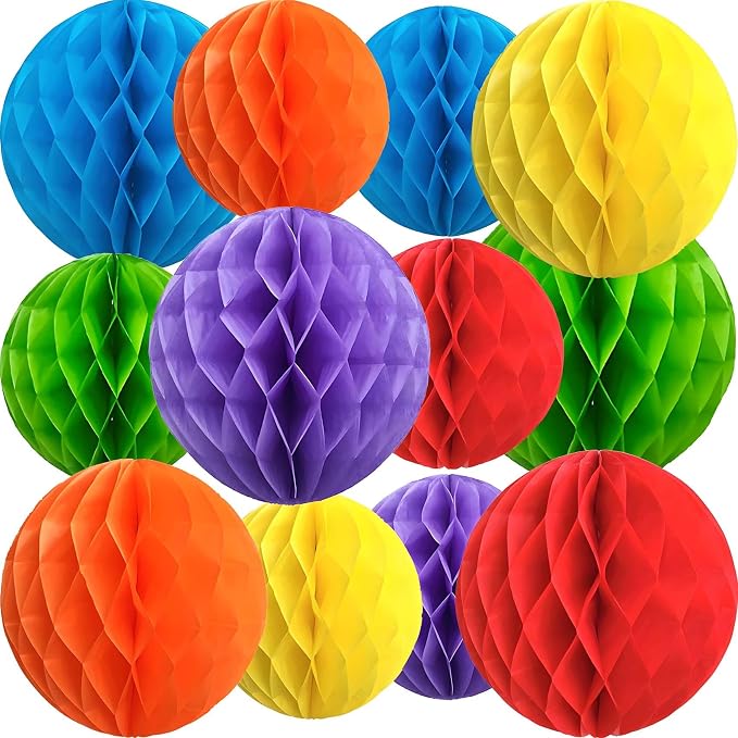 Rainbow Paper Honeycomb Flower Balls-12 Pcs 6" 10" Tissue Pompoms They are by Unknown