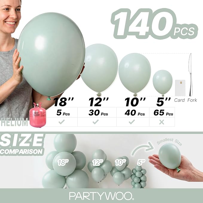 PartyWoo Dusty Green Balloons 140pcs Sage Olive Eucalyptus Green Boho Color | - Image 6