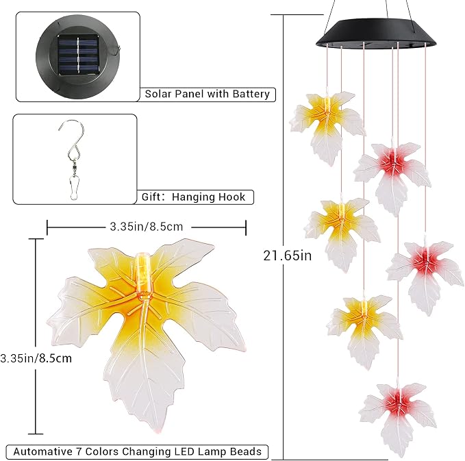 Toodour Solar Wind Chimes, Color Changing Maple Leaf Wind Chime | LED Mobile - Image 7
