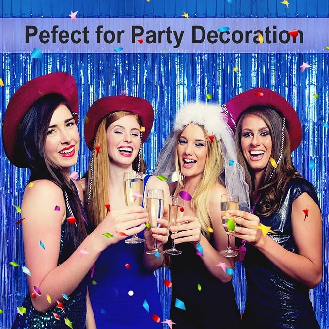 Blue Foil Fringe Curtain- 4 Pack of 3.2x8.2ft Blue Streamers Backdrop Curtains - Image 3