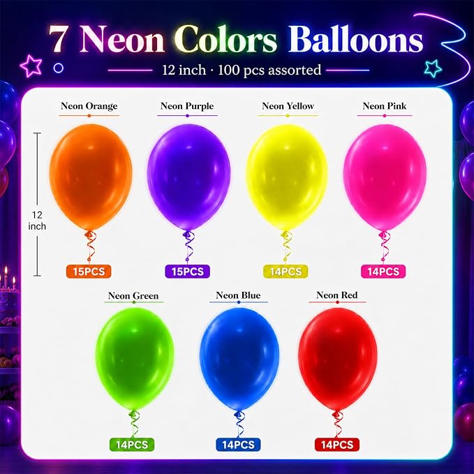 100 Pcs UV Neon Balloons, Neon Glow Party Balloons UV BlackLight Balloons glow - Image 4