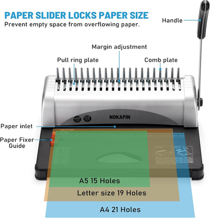 Binding Machine,Book Binder Machine 21-Holes, 450 Sheets,Comb Binding Machine with Starter Kit 100 PCS 3/8'' Comb Binding Spines,Spiral Binding Machine for Letter Size, A4, A5 or Smaller Sizes
