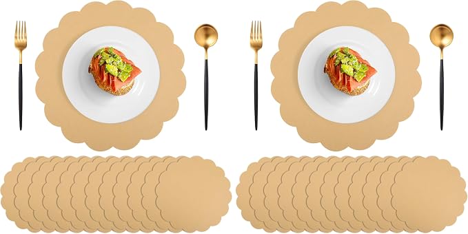 60 Pcs Kraft Paper Placemats, 13.5 Inch Scalloped Placemat Disposable Round by NatNarr