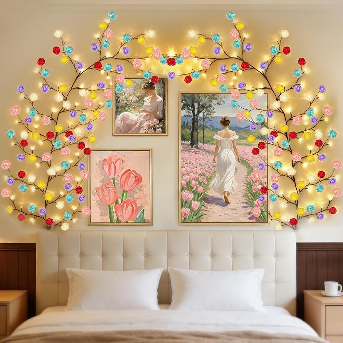 7.55FT 144LED Macaroon Rose Blossom Enchanted Willow Vine Light, Battery Box | by FNHMSL