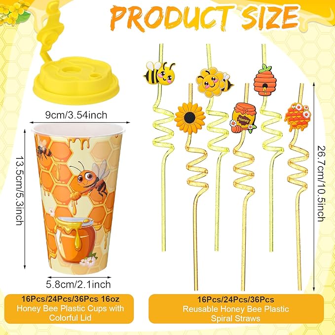 Yungyan 24 Sets Honey Bee Party Favors Goodie Cups with Lids and Straws for Birthday Decorations Reusable 16oz Plastic Candy Cups Plastic Straws for Birthday Party(Bee)