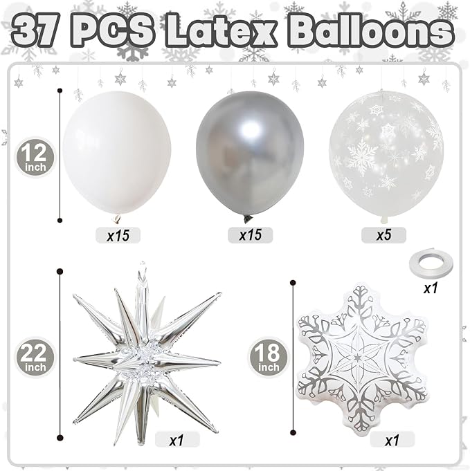 White Silver Snowflake Christmas Balloons, 18 Inch White Snowflake Foil Balloon - Image 2
