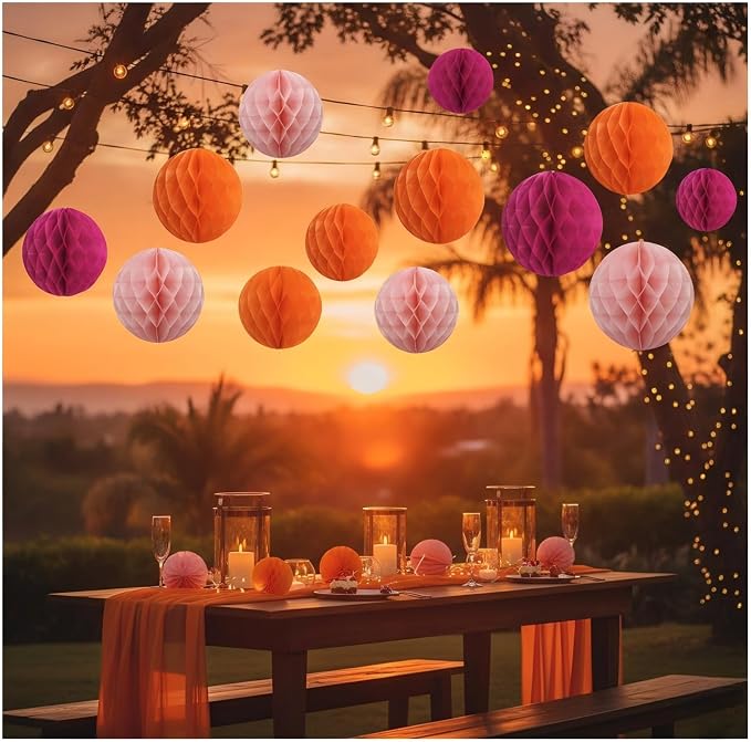 Hot Pink Orange Paper Honeycomb Balls, 12 Pack Hanging Tissue Pom Poms - Image 2