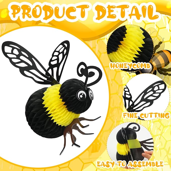 Jetec 6 Pcs Cute Honey Bee Party Decor, Bee Day Honeybee Honeycomb Hanging - Image 3