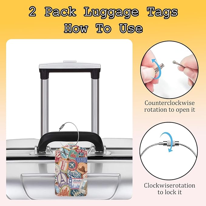 2 Pack Luggage Tags for Suitcases Travel Stamp Luggage Tag Leather Stainless Steel Loop Label Tag for Women Girl Travel Bag Suitcase