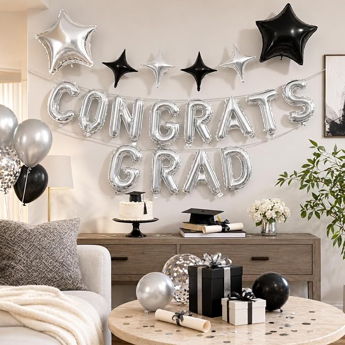 Congrats Grad Balloons, 16 Inch Black Silver Congrats Grad Letters Banner - Image 6